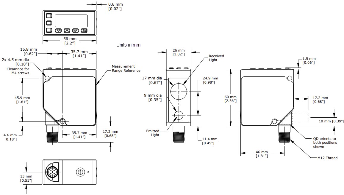 Mechanical Drawing - Banner Engineering L-GAGE® LE250/550 Analog-Discrete Laser Sensors